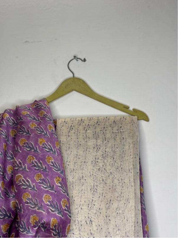 Lavender Yellow Floral Hand Block Printed Chanderi Saree