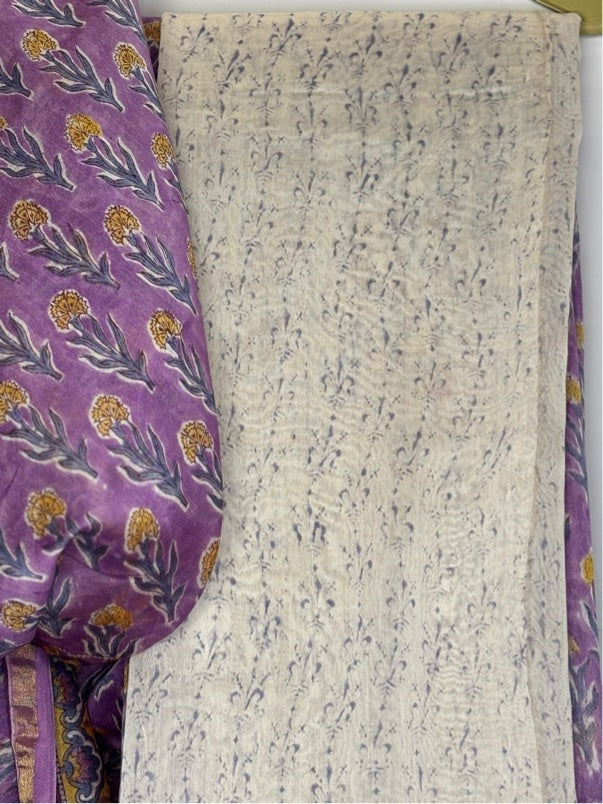 Lavender Yellow Floral Hand Block Printed Chanderi Saree