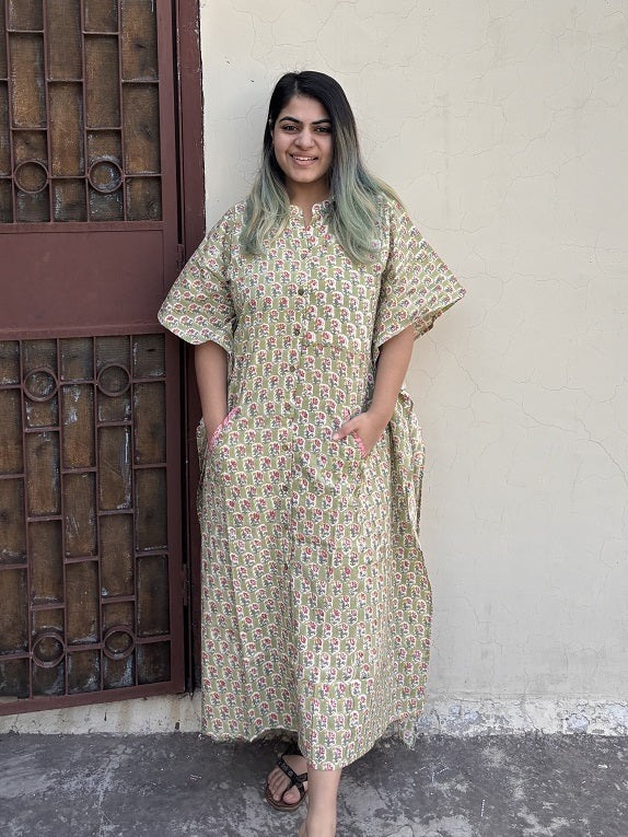 Green Yellow Hand Block Printed High Low Long Shirt Kaftan