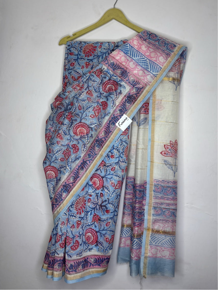 Blue Pink Floral Hand Block Printed Chanderi Saree