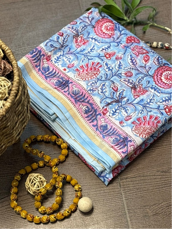 Blue Pink Floral Hand Block Printed Chanderi Saree