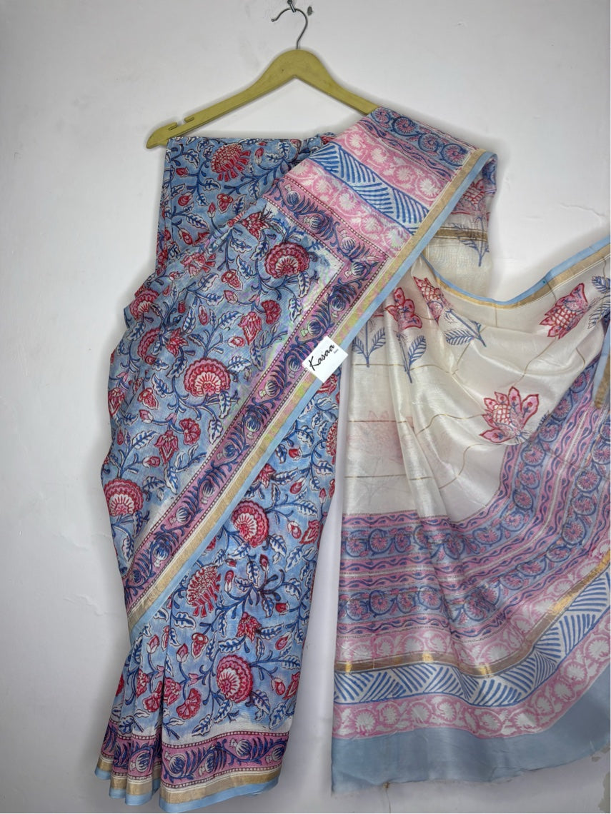 Blue Pink Floral Hand Block Printed Chanderi Saree