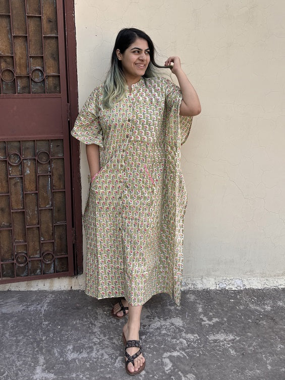 Green Yellow Hand Block Printed High Low Long Shirt Kaftan