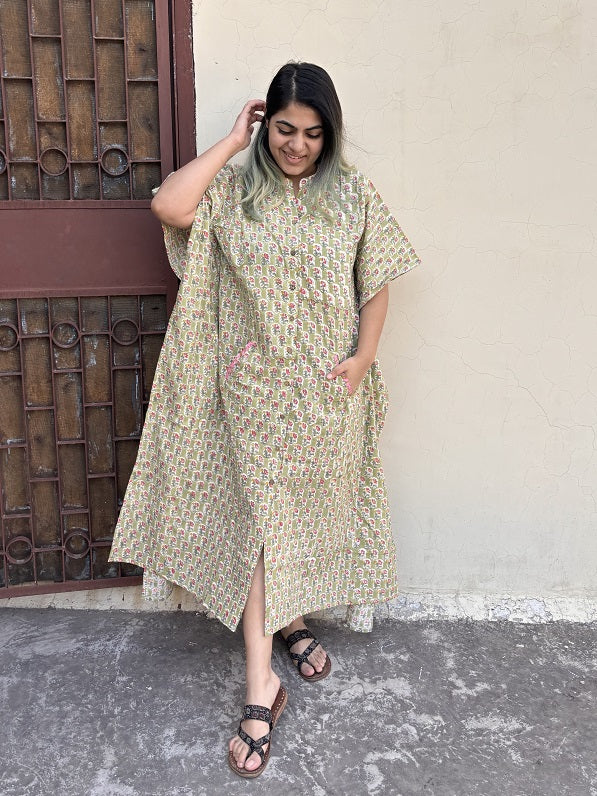 Green Yellow Hand Block Printed High Low Long Shirt Kaftan
