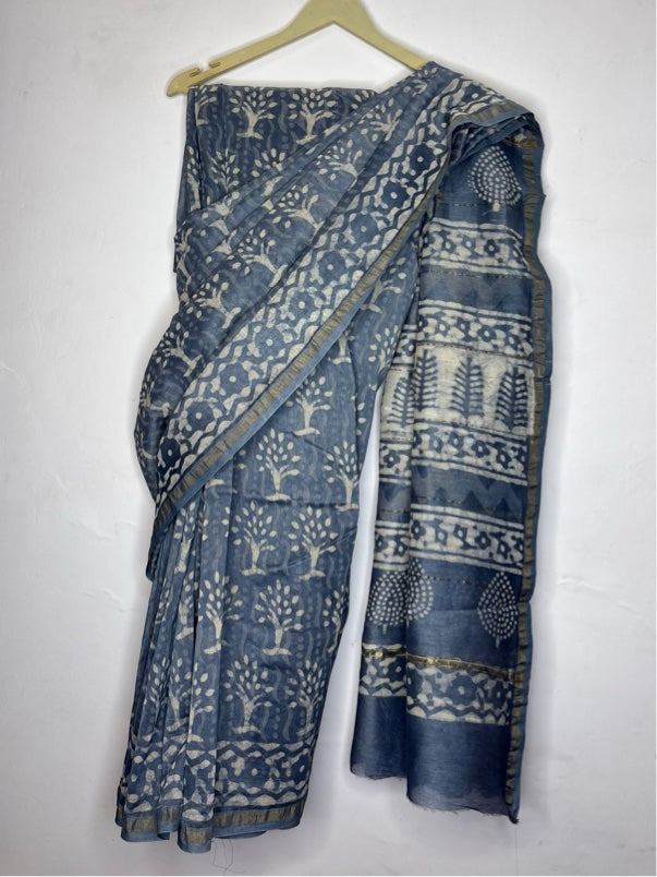 Grey Dabu Hand Block Printed Chanderi Saree