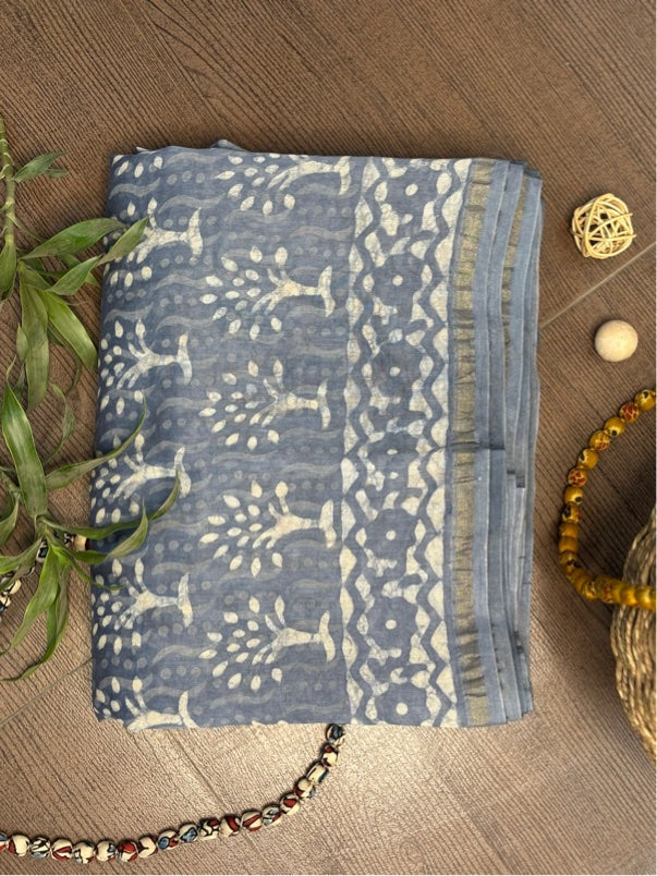 Grey Dabu Hand Block Printed Chanderi Saree