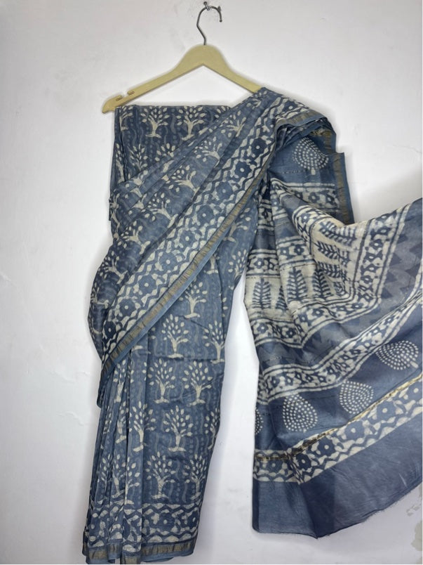 Grey Dabu Hand Block Printed Chanderi Saree