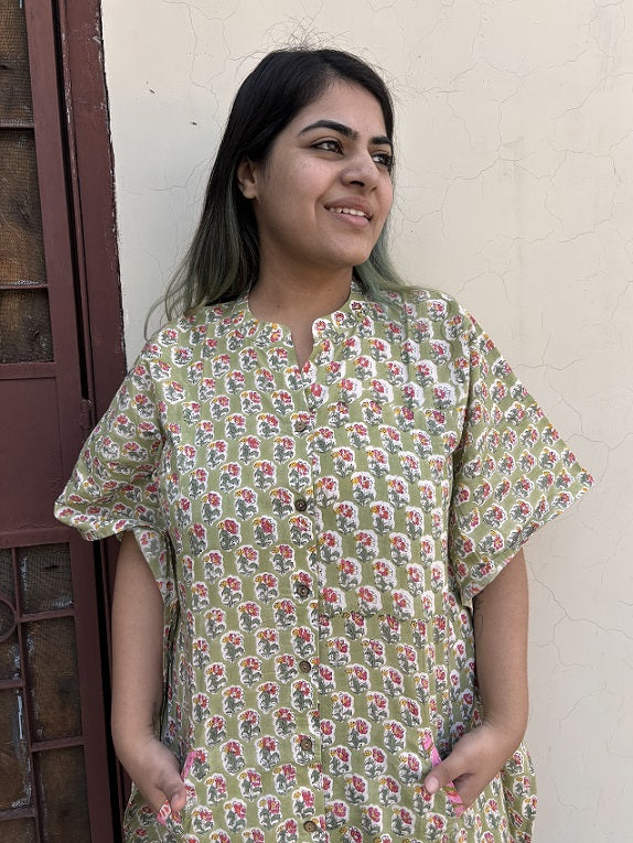 Green Yellow Hand Block Printed High Low Long Shirt Kaftan