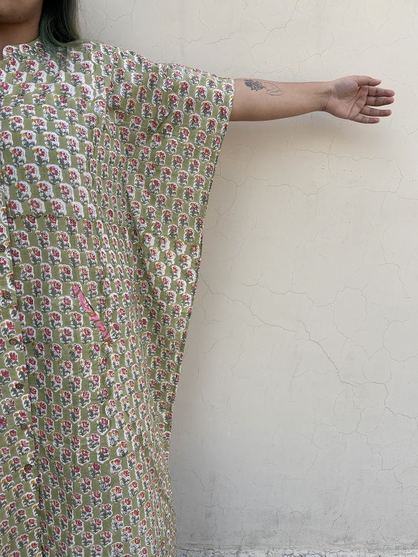 Green Yellow Hand Block Printed High Low Long Shirt Kaftan