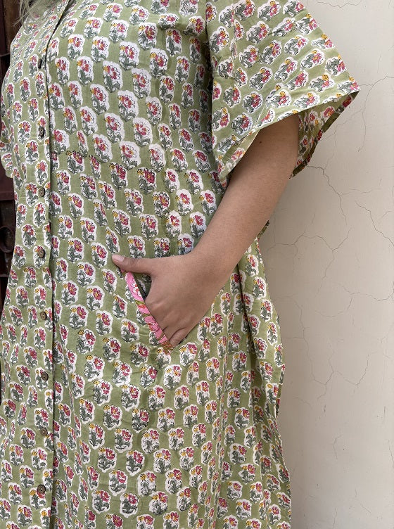 Green Yellow Hand Block Printed High Low Long Shirt Kaftan