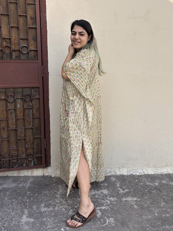 Green Yellow Hand Block Printed High Low Long Shirt Kaftan