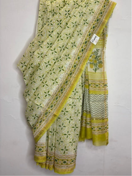 White Yellow Hand Block Printed Chanderi Saree