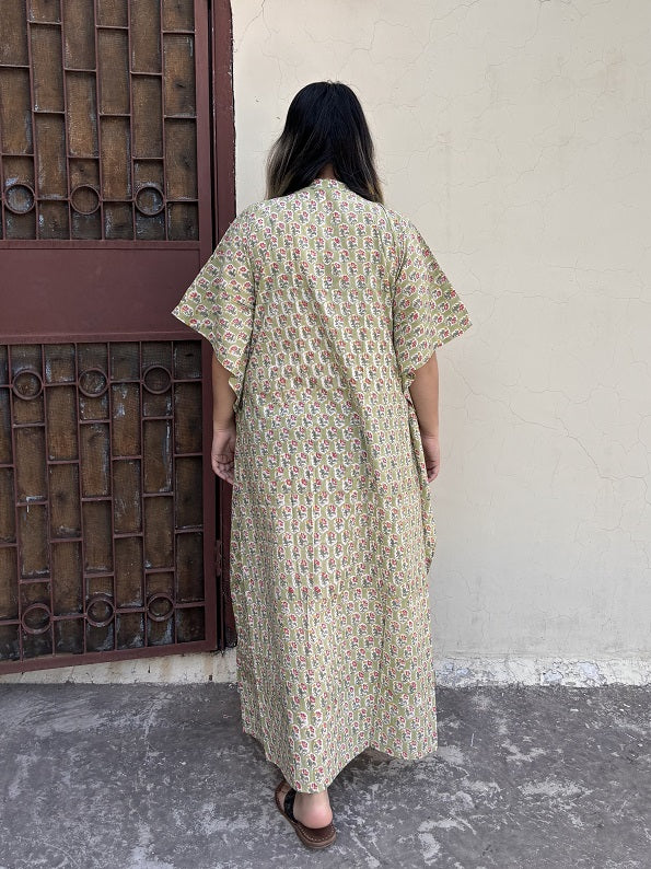 Green Yellow Hand Block Printed High Low Long Shirt Kaftan