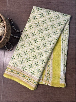 White Yellow Hand Block Printed Chanderi Saree
