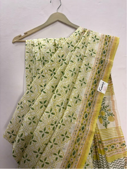 White Yellow Hand Block Printed Chanderi Saree