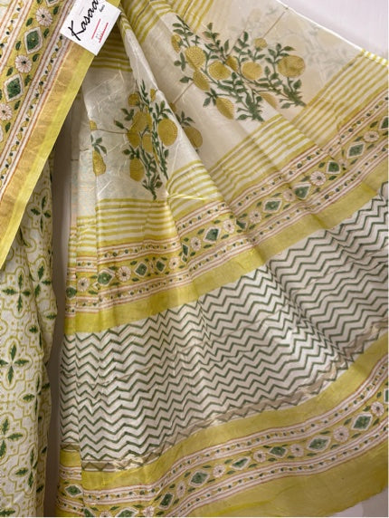 White Yellow Hand Block Printed Chanderi Saree