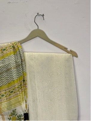White Yellow Hand Block Printed Chanderi Saree