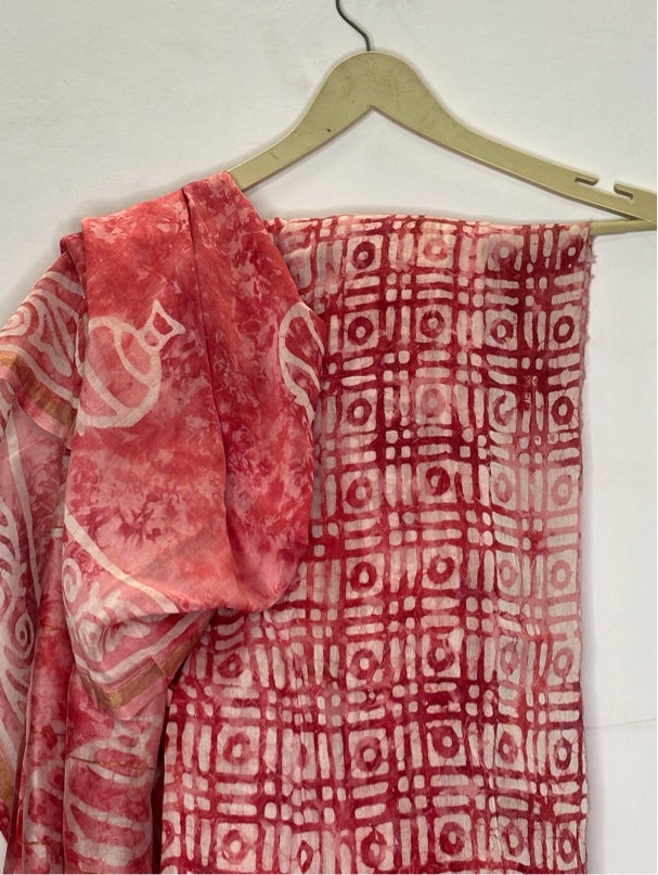 Pink Batik Hand Block Printed Chanderi Saree