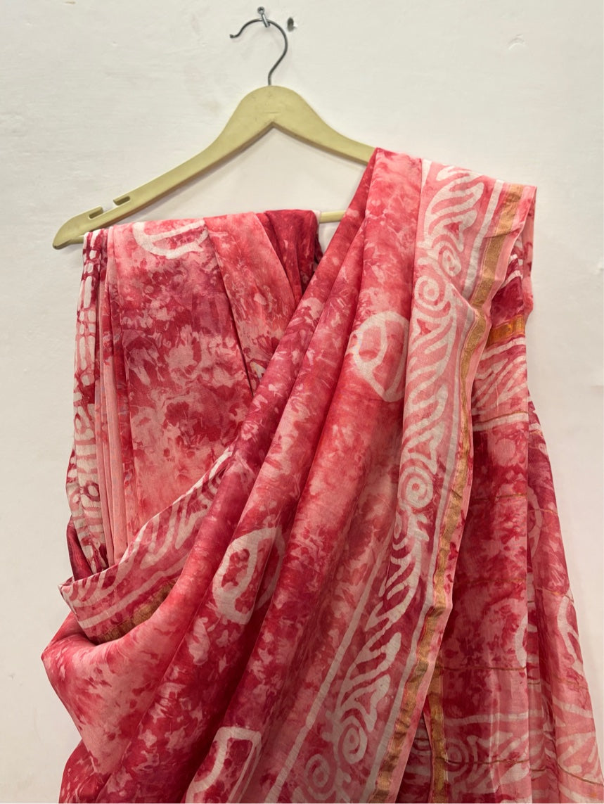 Pink Batik Hand Block Printed Chanderi Saree
