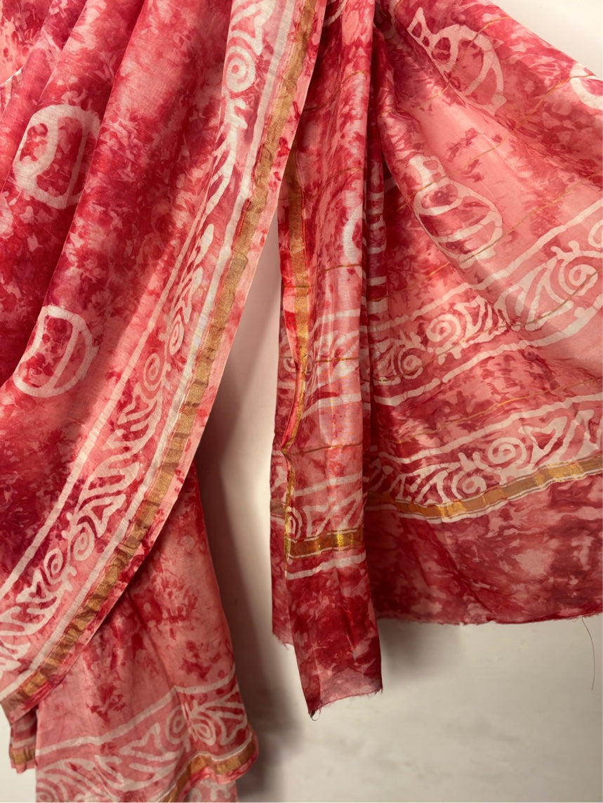 Pink Batik Hand Block Printed Chanderi Saree