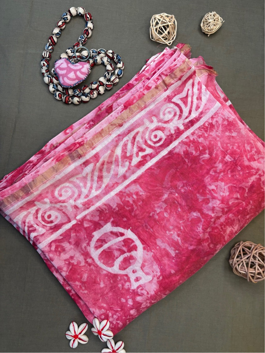 Pink Batik Hand Block Printed Chanderi Saree