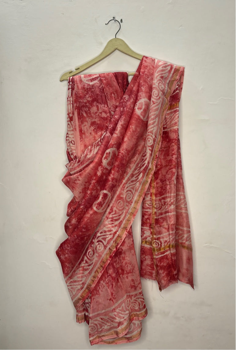 Pink Batik Hand Block Printed Chanderi Saree