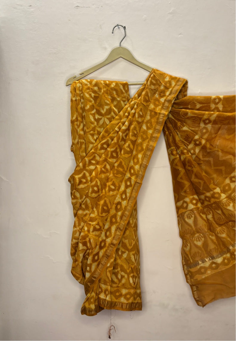 Mustard Dabu Hand Block Printed Chanderi Saree