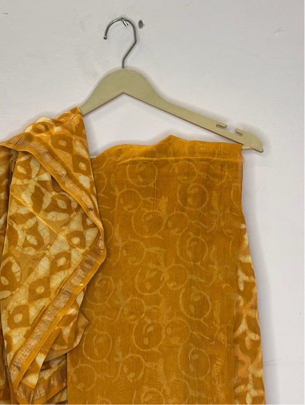 Mustard Dabu Hand Block Printed Chanderi Saree