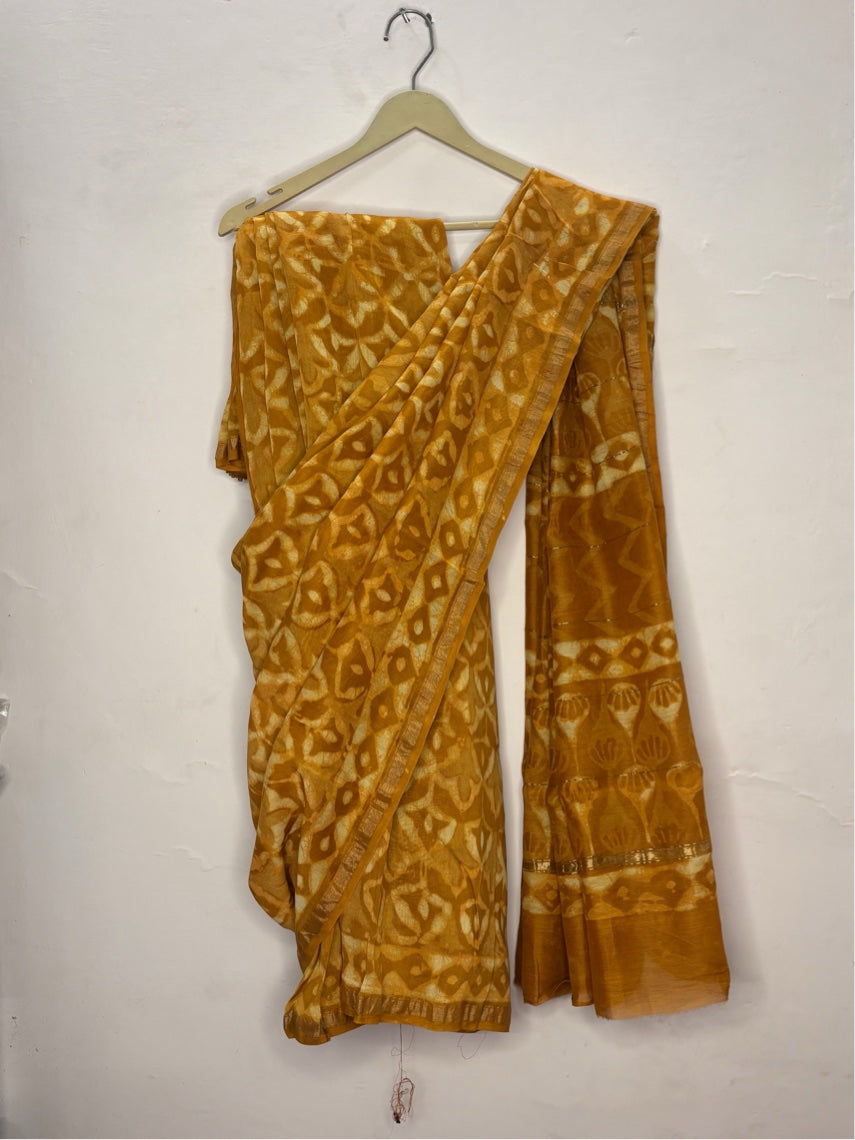 Mustard Dabu Hand Block Printed Chanderi Saree