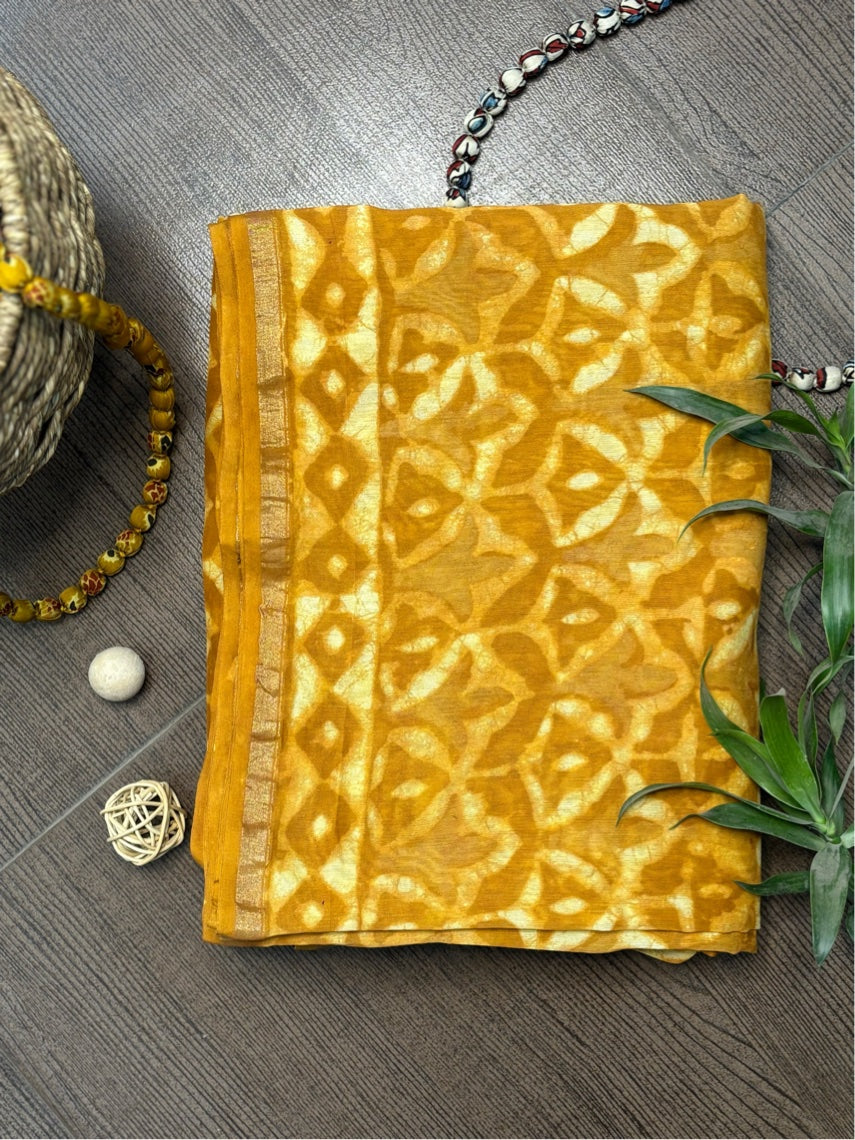 Mustard Dabu Hand Block Printed Chanderi Saree