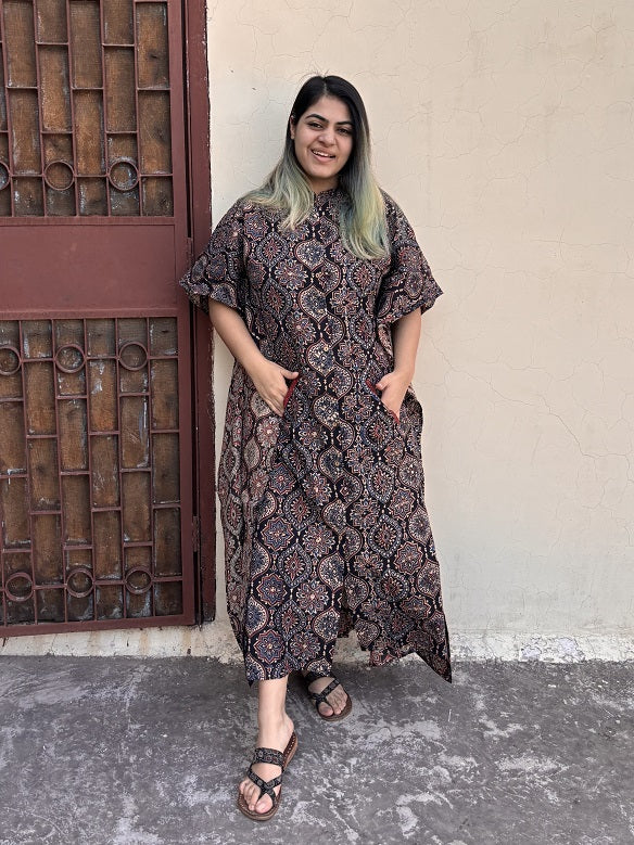 Black Ajrakh Hand Block Printed High Low Long Shirt Kaftan