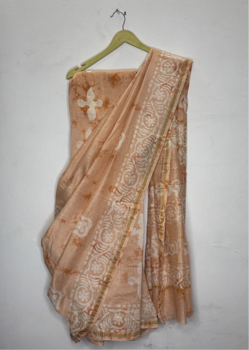 Peach Dabu Hand Block Printed Chanderi Saree
