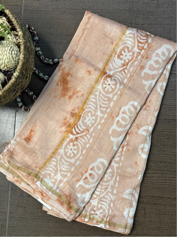 Peach Dabu Hand Block Printed Chanderi Saree