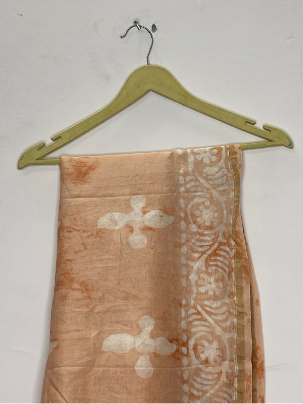 Peach Dabu Hand Block Printed Chanderi Saree