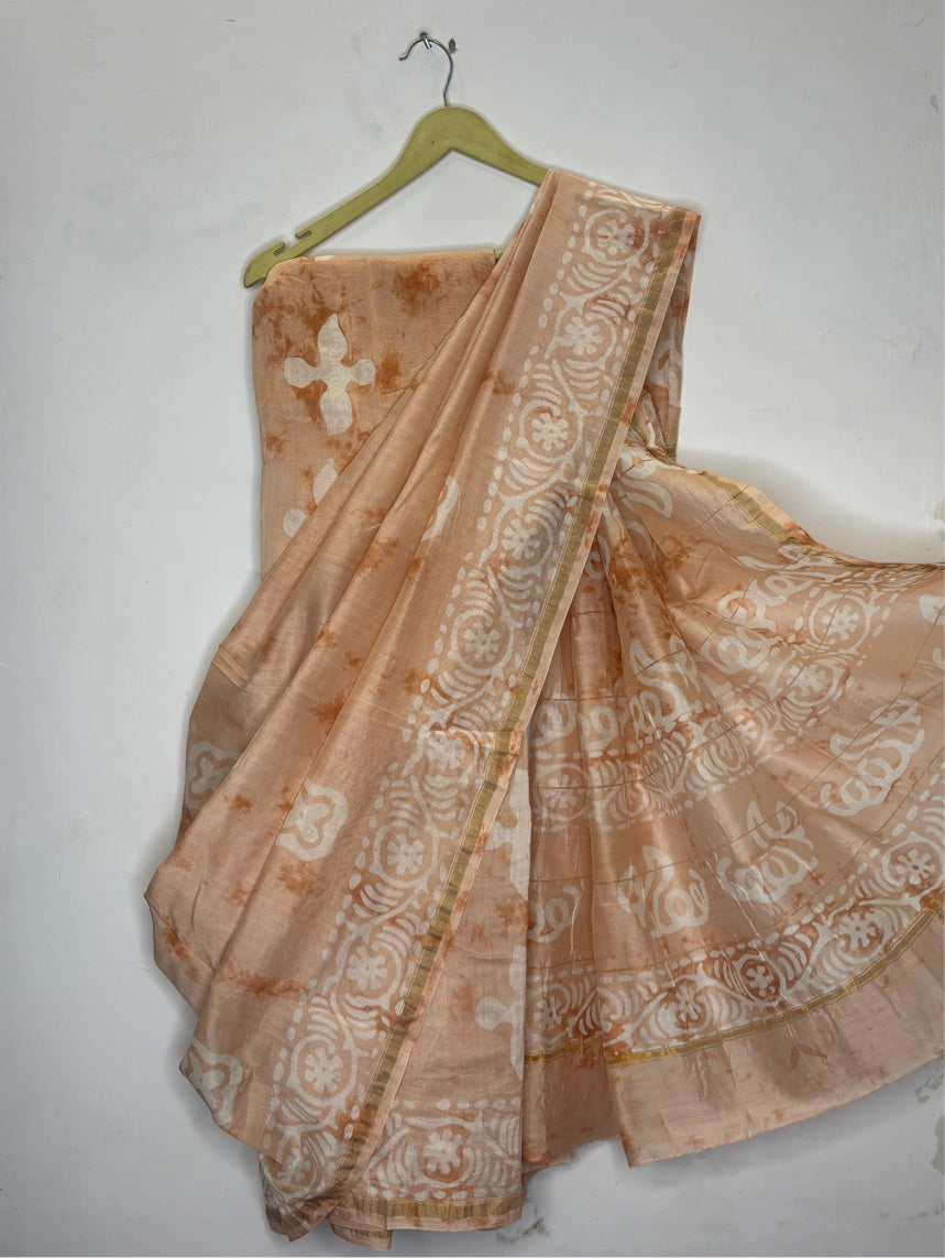 Peach Dabu Hand Block Printed Chanderi Saree