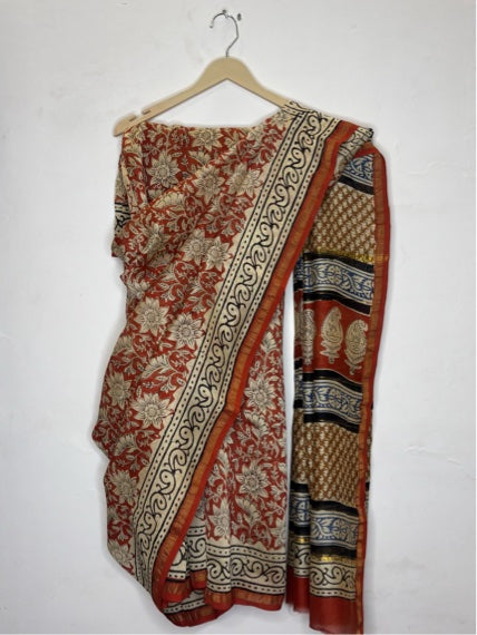 Red Bagru Hand Block Printed Chanderi Saree