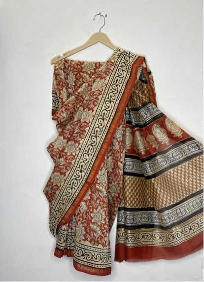 Red Bagru Hand Block Printed Chanderi Saree