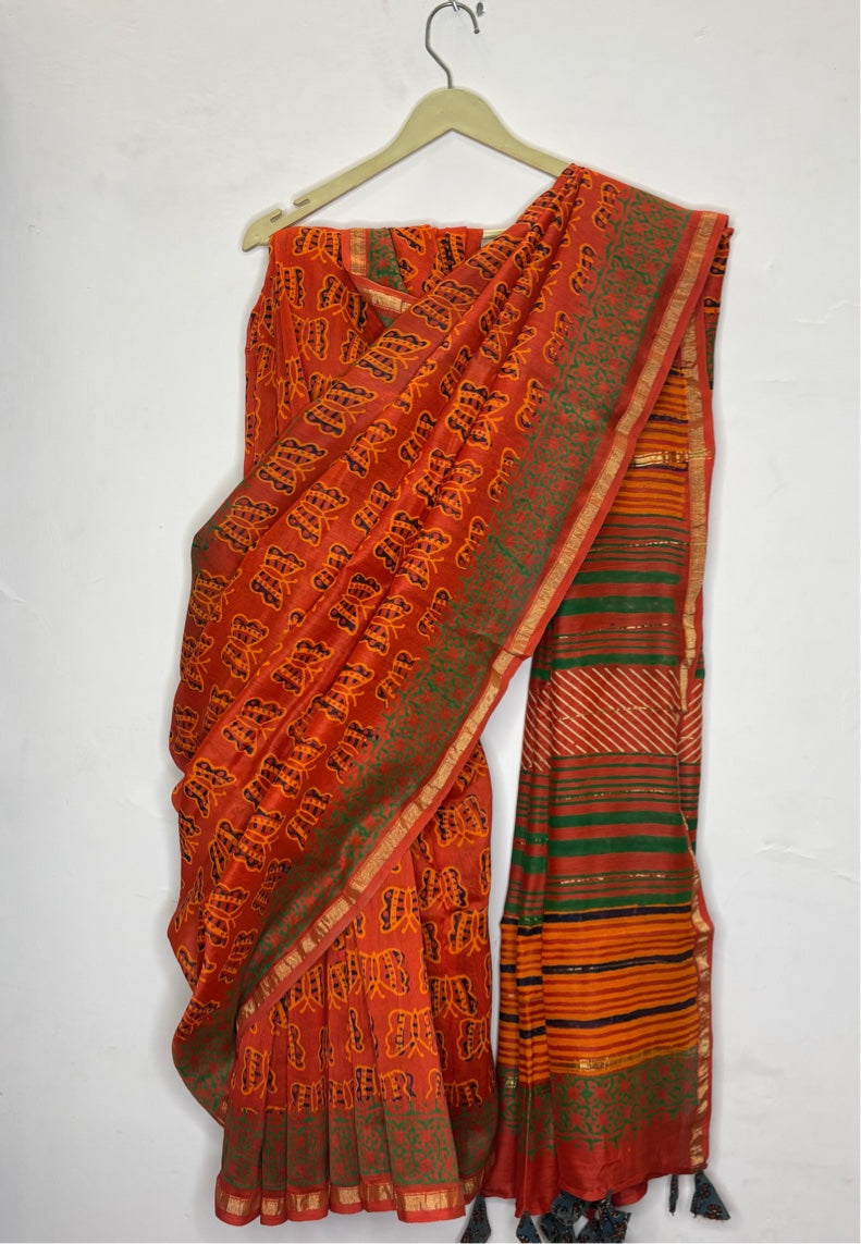 Orange Butterfly Hand Block Printed Chanderi Saree