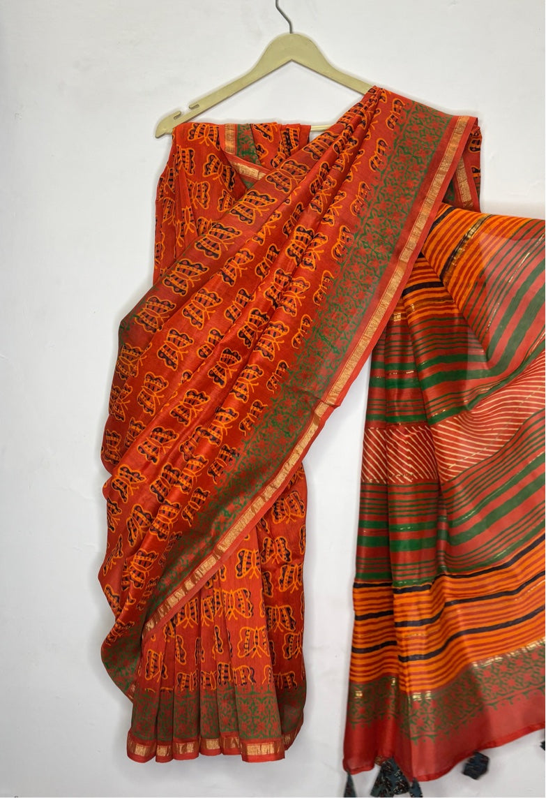 Orange Butterfly Hand Block Printed Chanderi Saree