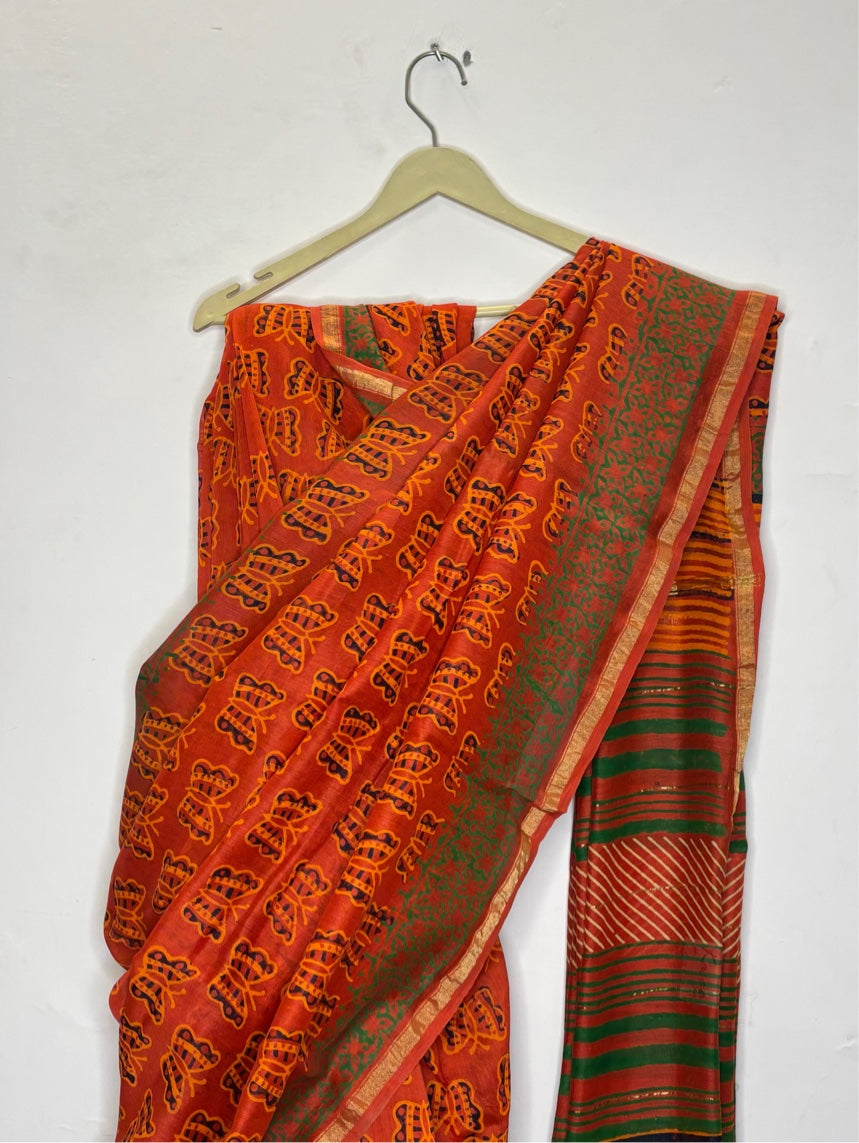 Orange Butterfly Hand Block Printed Chanderi Saree