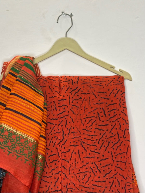 Orange Butterfly Hand Block Printed Chanderi Saree