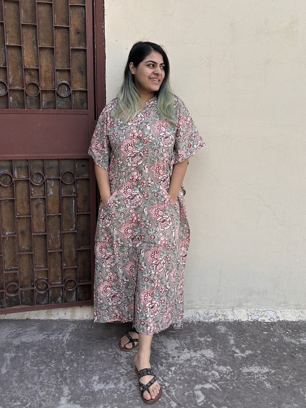 Grey Red Floral Hand Block Printed High Low Long Shirt Kaftan