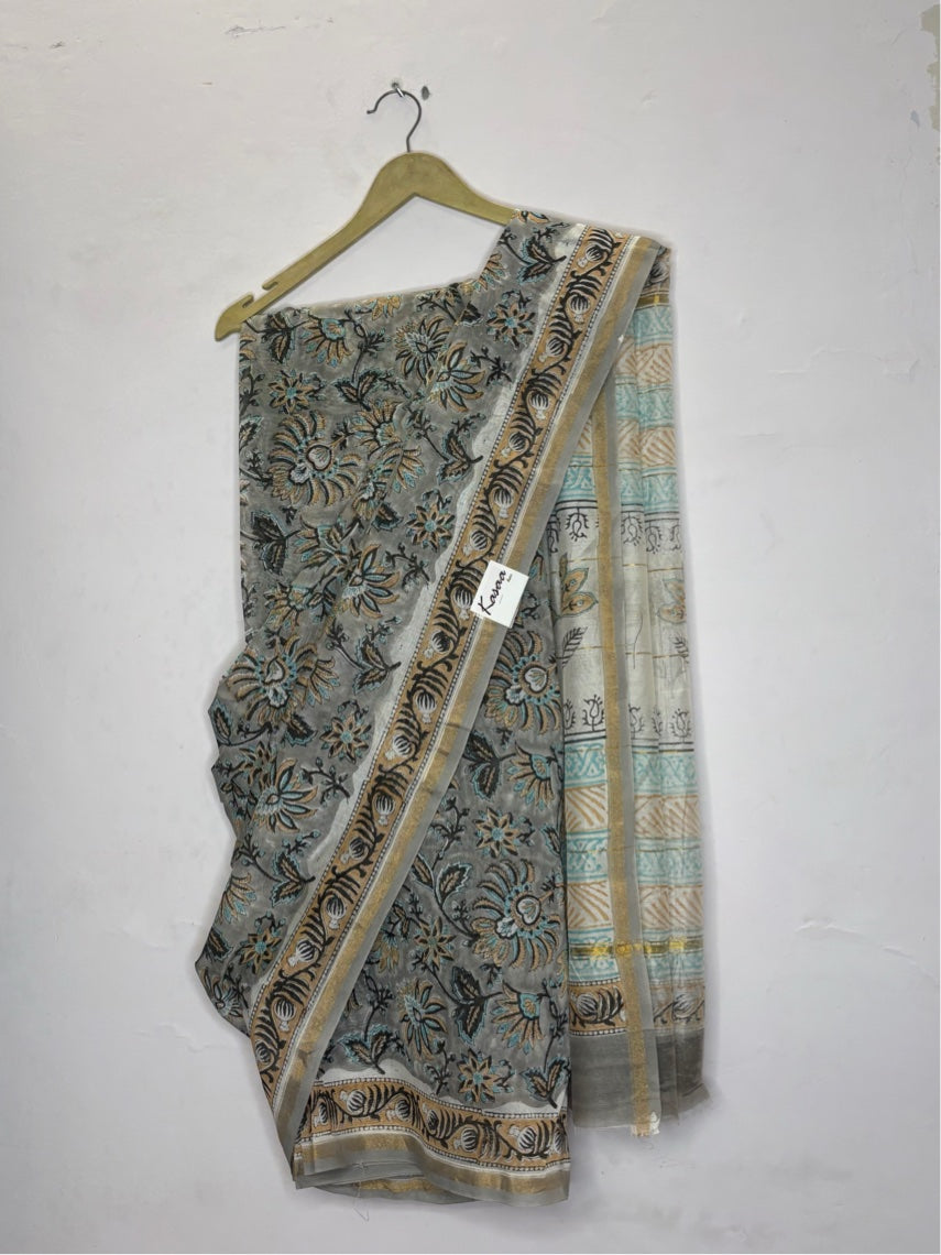 Grey White Floral Hand Block Printed Chanderi Saree