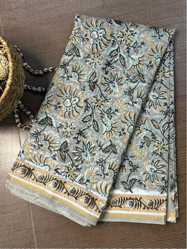 Grey White Floral Hand Block Printed Chanderi Saree