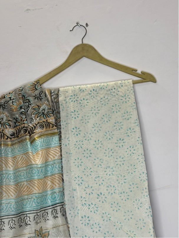 Grey White Floral Hand Block Printed Chanderi Saree