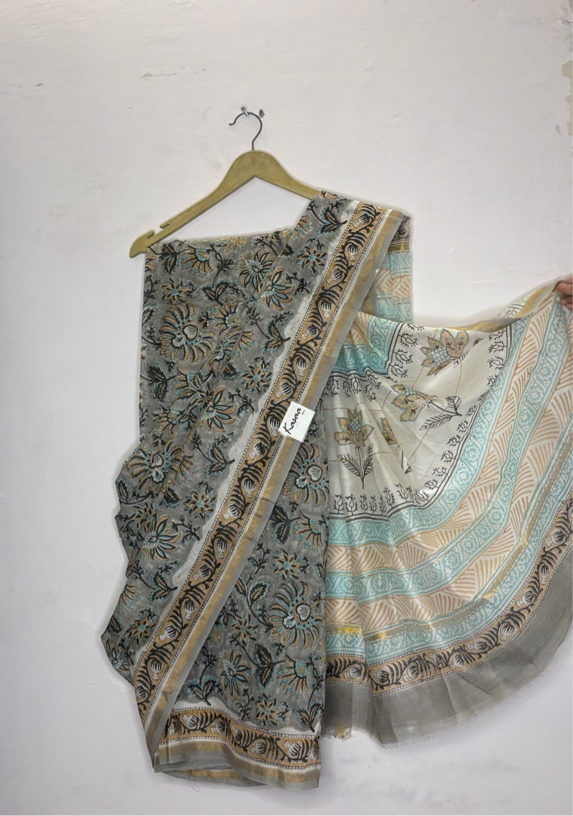 Grey White Floral Hand Block Printed Chanderi Saree