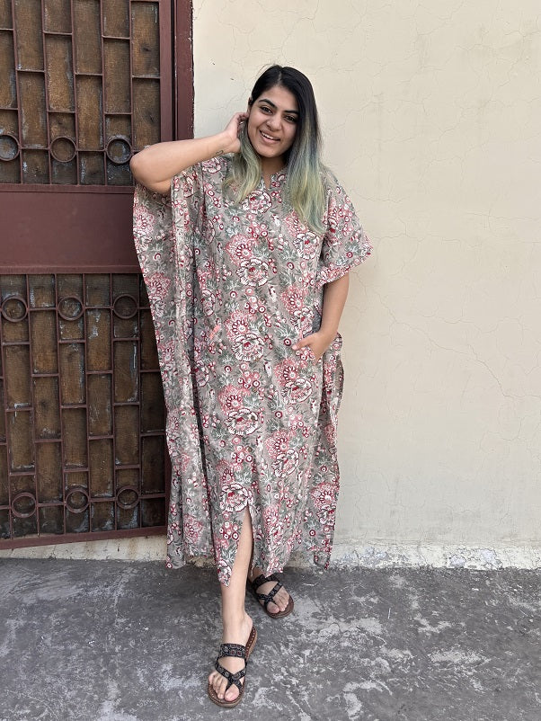 Grey Red Floral Hand Block Printed High Low Long Shirt Kaftan