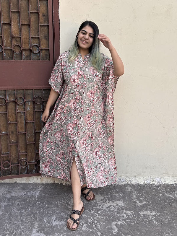 Grey Red Floral Hand Block Printed High Low Long Shirt Kaftan