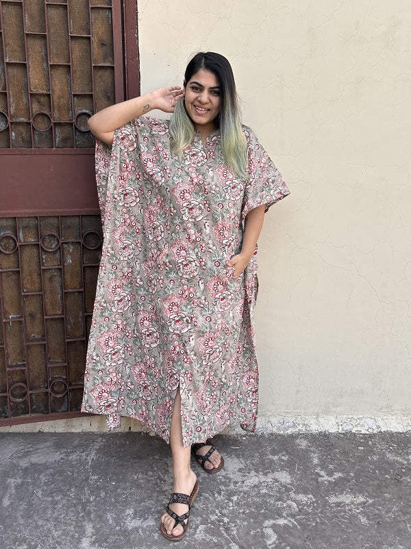 Grey Red Floral Hand Block Printed High Low Long Shirt Kaftan