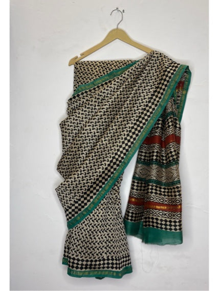 Black Zigzag Hand Block Printed Chanderi Saree
